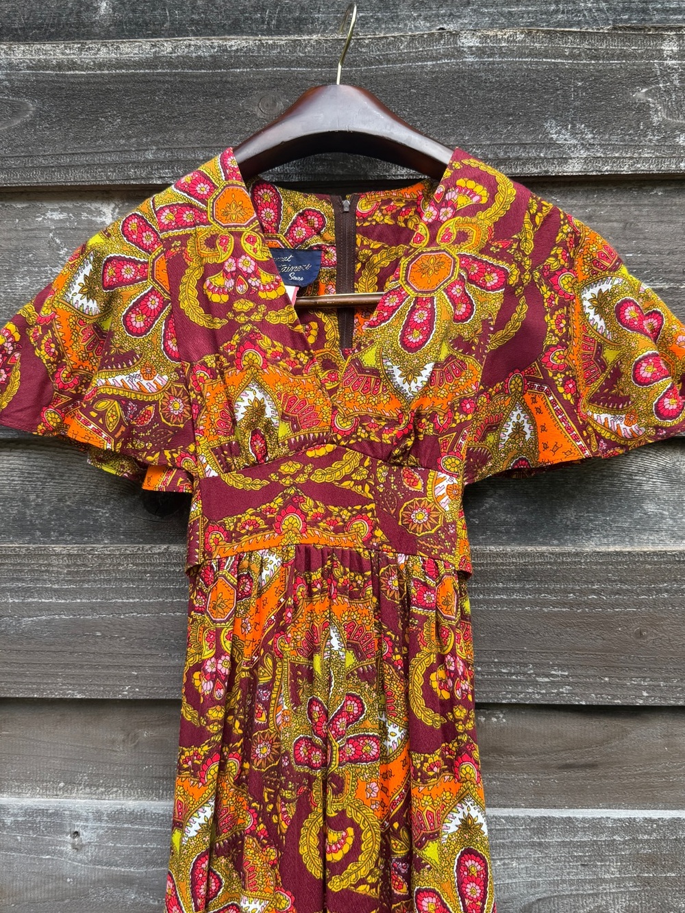 Vintage 70s Paisley Orange Batwing Sleeve Empire Waist Maxi Dress S/M - Picture 2 of 7